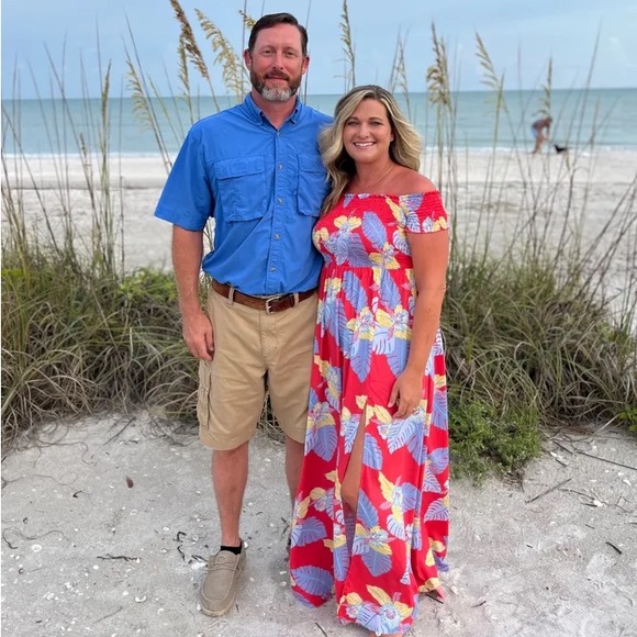 Lulu’s Coral Tropical Print Smocked Bodice Side Slit Maxi Dress - Picture 6 of 13